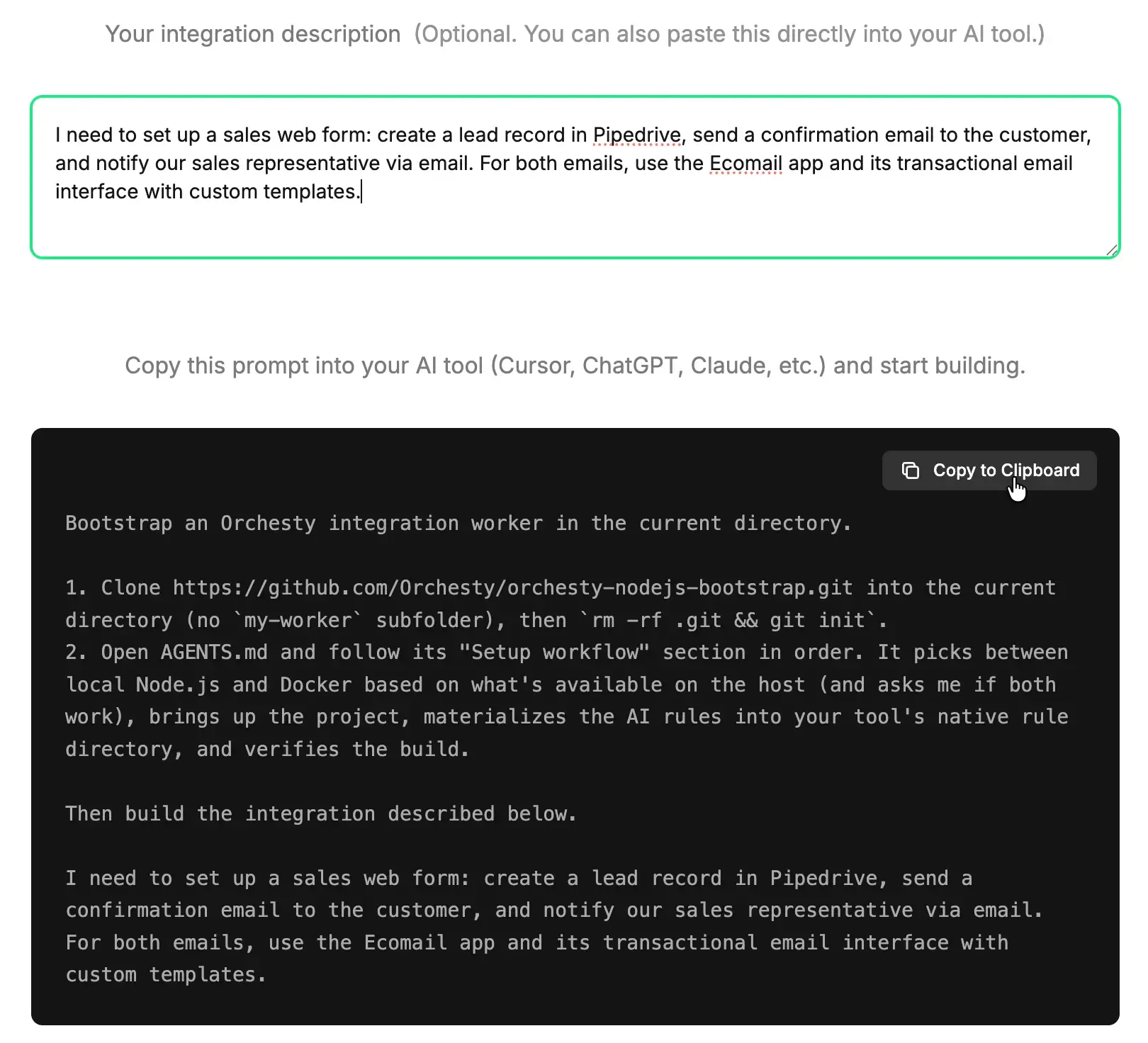 AI Bootstrap page: prompt textarea with Copy to Clipboard button