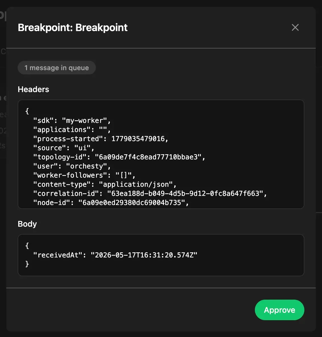 Breakpoint detail showing the in-flight payload, including the receivedAt field added by add-timestamp