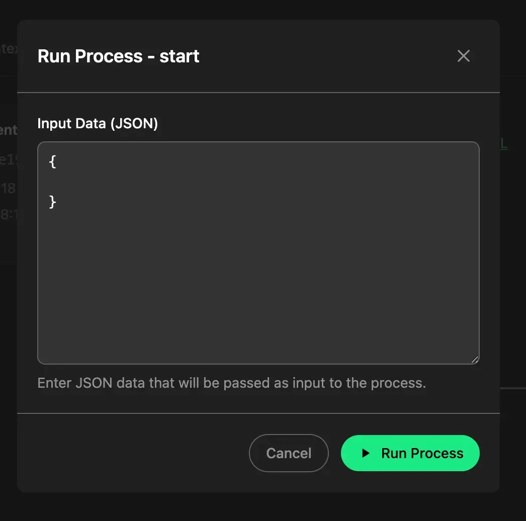 Run dialog on the Start event with an optional JSON test payload