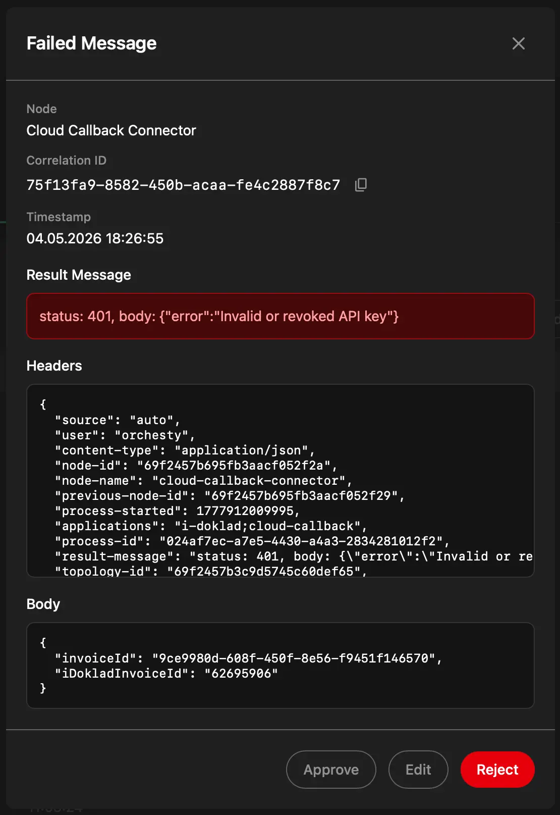 Failed message detail in the Trash inbox: the failing node, the captured payload, and the error message, with actions to re-run or discard