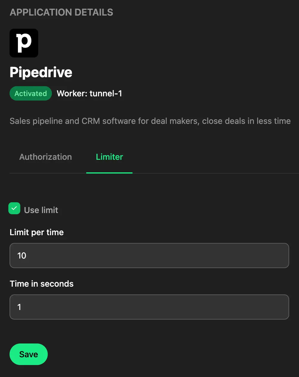 Orchesty application configuration: OAuth flows and rate limiting settings in the UI