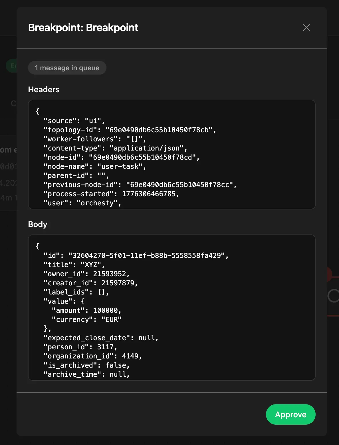 Smart Breakpoint in Orchesty topology: inspecting data at a specific node during a manual test run