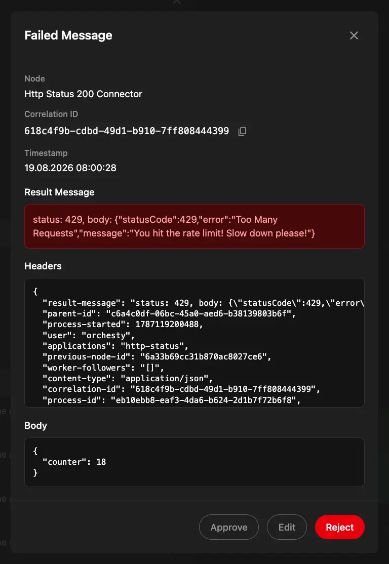 Failed message detail with payload, operational headers and error information available at the point of failure