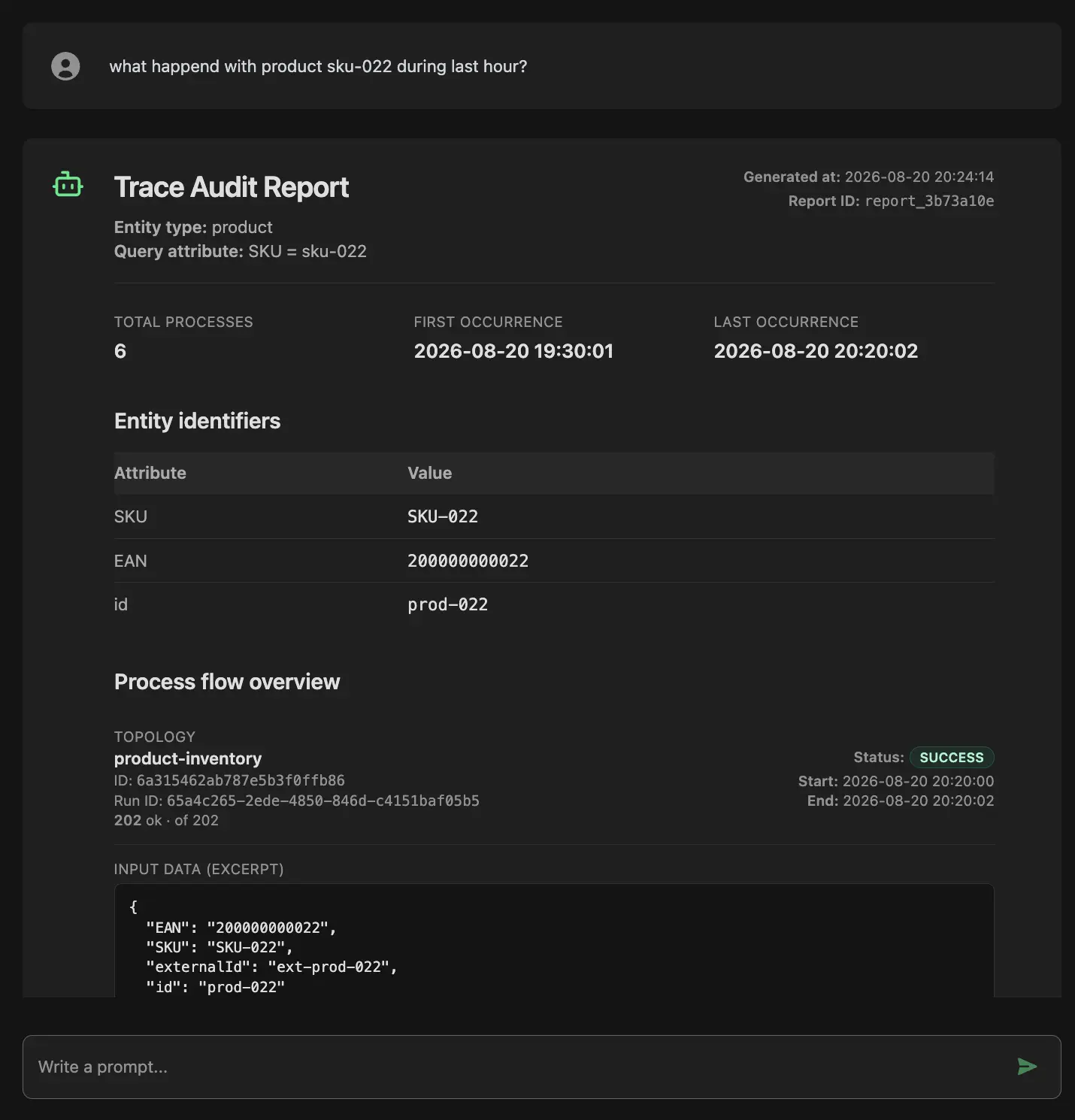 Trace chat and entity audit overview letting operators investigate the integration layer by business entity